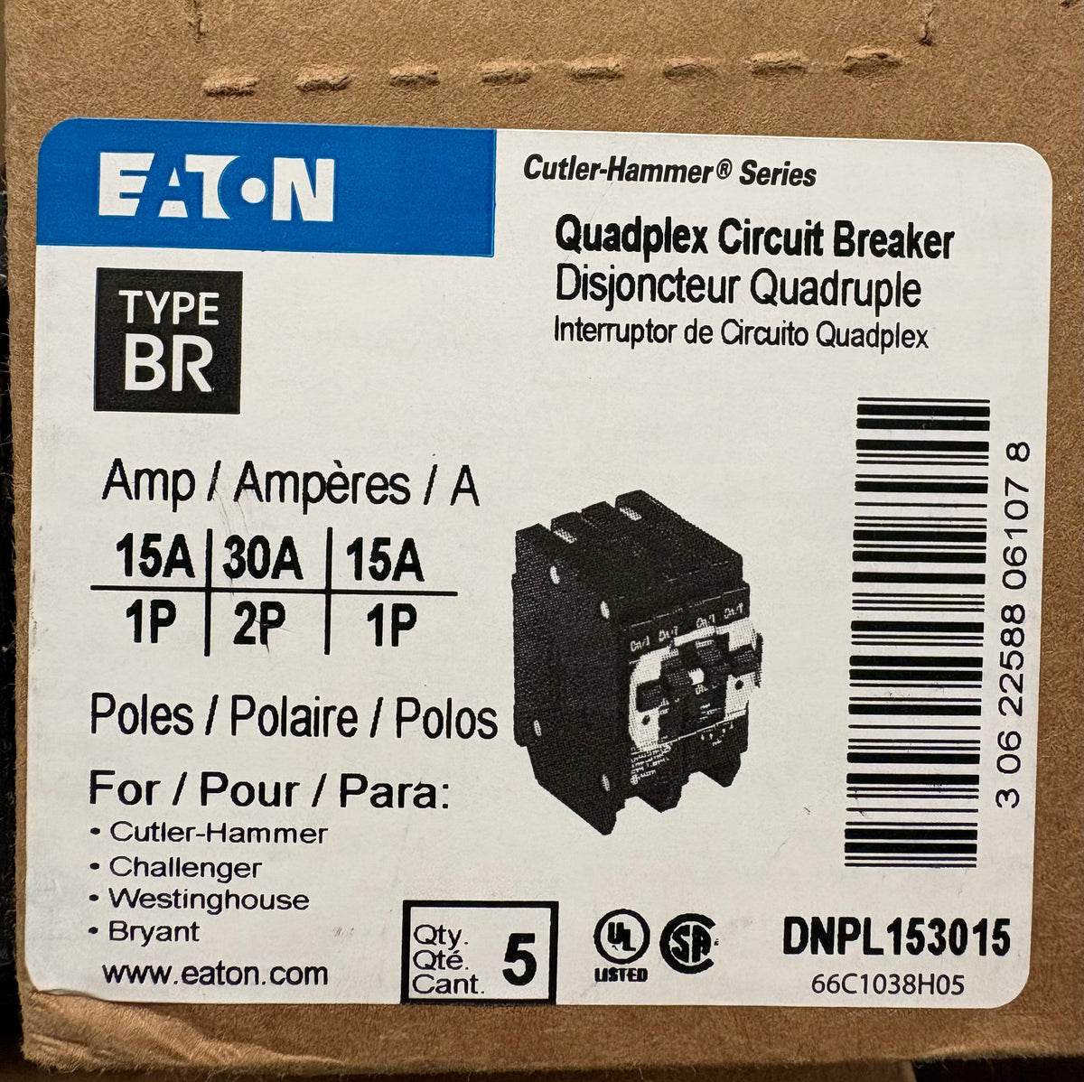 Eaton DNPL153015 15/30/30/15 Amp Quad Plug-In Circuit Breaker, 240V